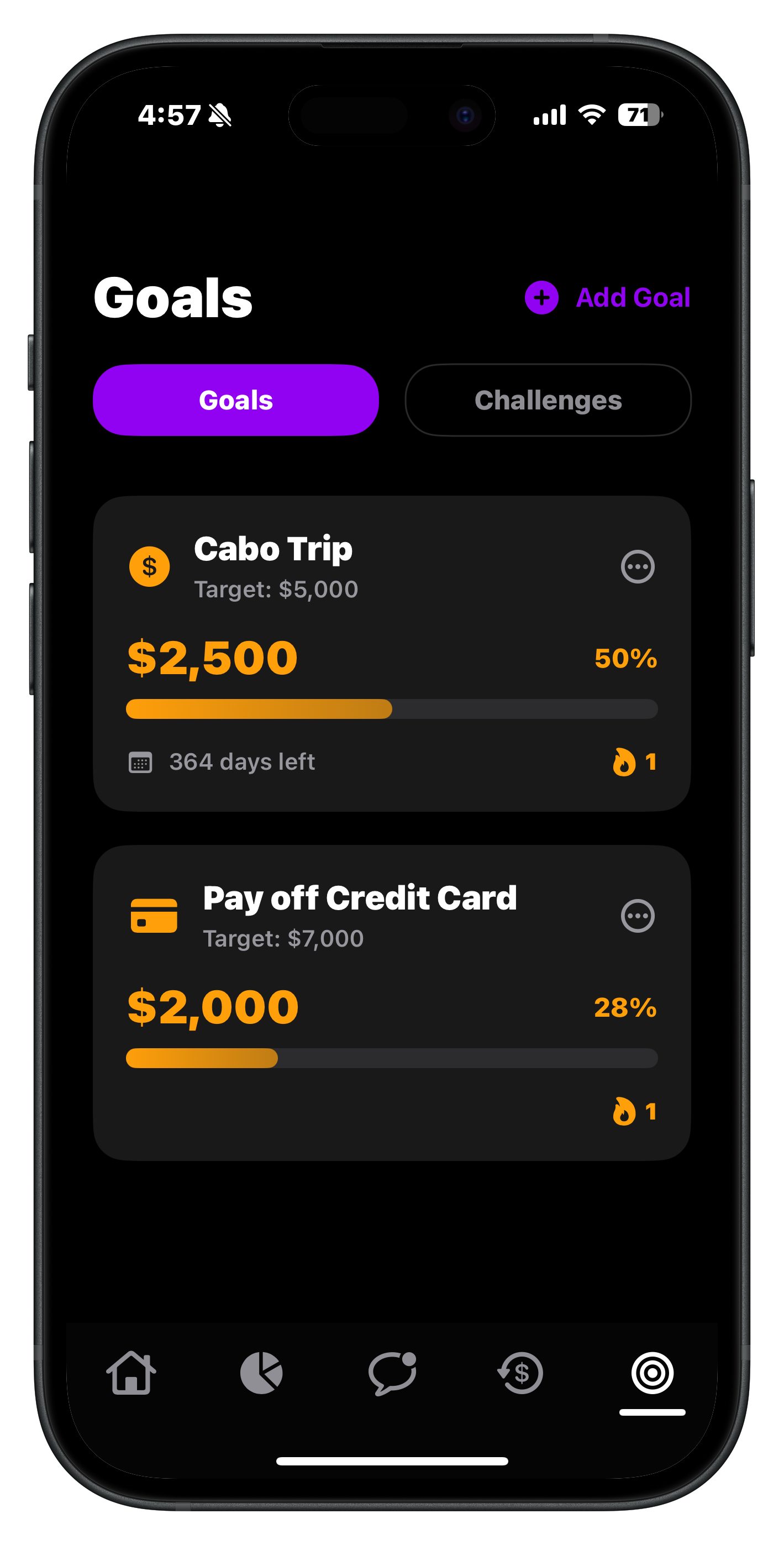 Goals screen